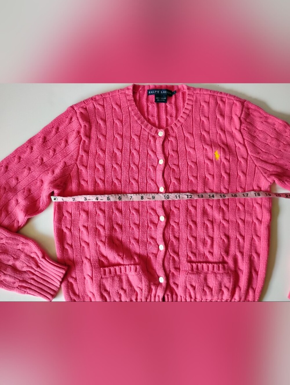 Ralph Lauren Cotton Cable Knit Cardigan Sweater Pink Pockets Classic Colorful Lg - Picture 7 of 8